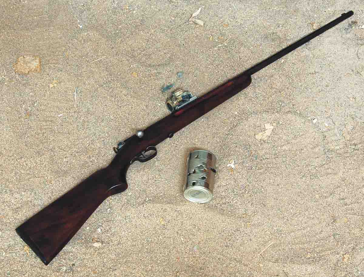A Winchester M67 from 1935 with a Bushnell TRS-25 red dot attached. The rifle is not altered in any way. This makes plinking fun again.
